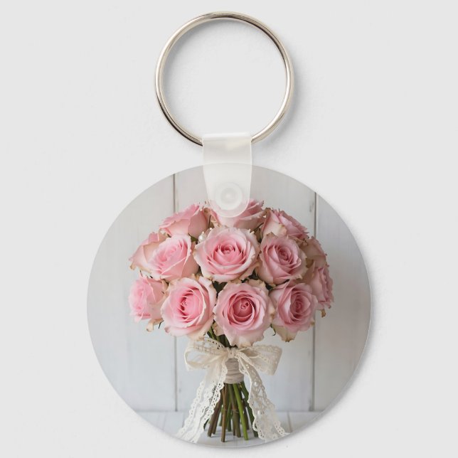 Rosa rosbukett pärlspets romantisk nyckelring (Framsida)