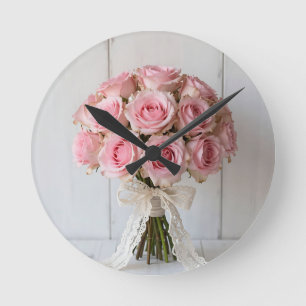 Rosa rosbukett pärlspets Romantisk Rund Klocka