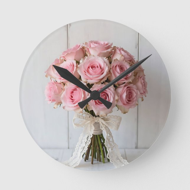 Rosa rosbukett pärlspets Romantisk Rund Klocka (Framsida)