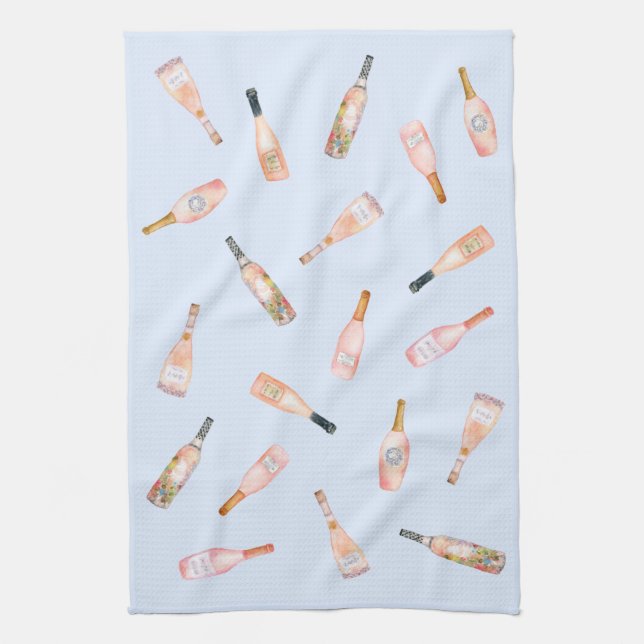 Rosa rosé ro vin flaska, vattenfärgillustration kökshandduk (Vertikal)