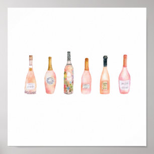 Rosa rosé ro vin flaska, vattenfärgillustration poster