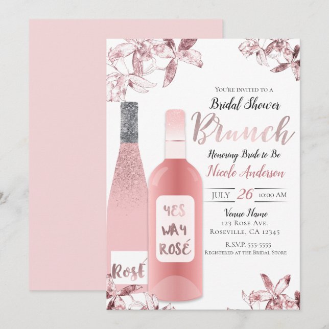 Rosa Rosè Vin & Orchid Flowers Brunch Breakfast Inbjudningar (Fram/baksida)