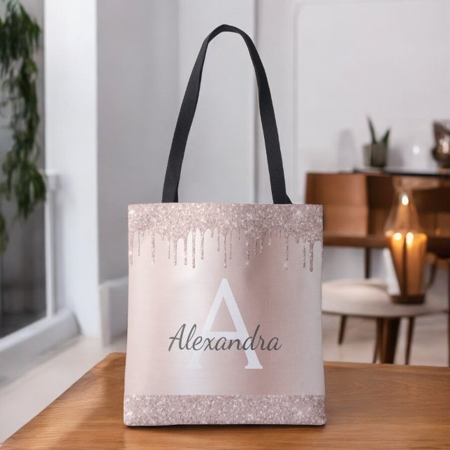 Rosa Roséguld Blush Rosa Glitter Elegant Monogram Tygkasse (Skapare uppladdad)