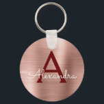 Rosa roséguld burgunder Rostfritt stål Monogram Nyckelring<br><div class="desc">Rosablom - Roséguld och burgunder imitation rostfritt stål Metallisk Elegant Nyckelring. Dessa nyckelringar kan anpassas till att inkludera din initial och förnamn. Dessa nyckelringar är perfekta som födelsedagspresent,  bröllopsdusch eller möhippa present.</div>