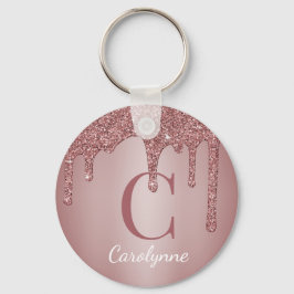 Rosa roséguld fals glitterdropp monogram nyckelring