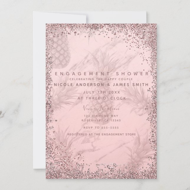 Rosa Roséguld Glitter Ananas Förlovningsring Inbjudningar (Framsida)
