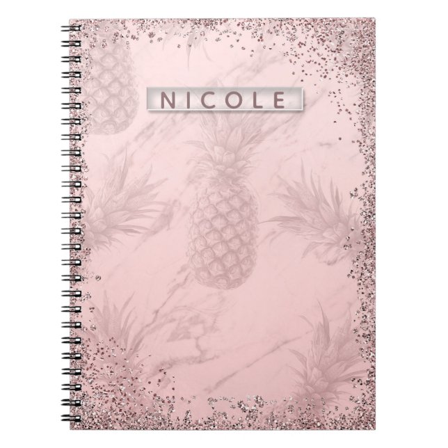 Rosa Roséguld Glitter Ananas Tropisk Chic Anteckningsbok Med Spiral (Framsidan)