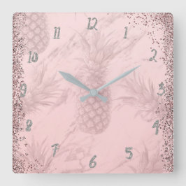 Rosa Roséguld Glitter Ananas Tropisk Chic Fyrkantig Klocka
