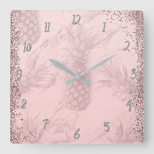 Rosa Roséguld Glitter Ananas Tropisk Chic Fyrkantig Klocka