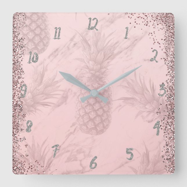 Rosa Roséguld Glitter Ananas Tropisk Chic Fyrkantig Klocka (Framsida)