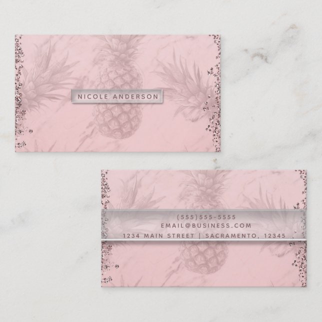 Rosa Roséguld Glitter Ananas Tropisk Chic Visitkort (Fram/baksida)