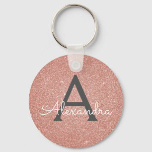 Rosa roséguld glitter & glans monogram nyckelring