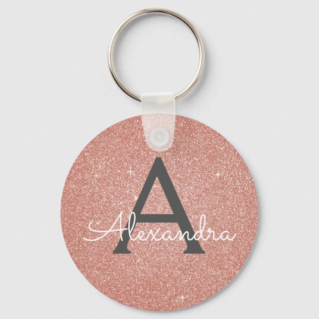 Rosa roséguld glitter & glans monogram nyckelring (Framsida)