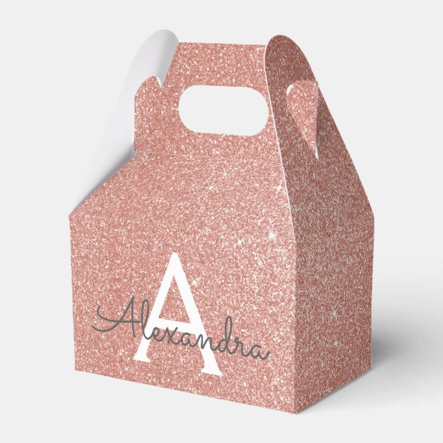 Rosa roséguld glitter & glans monogram presentaskar (Framsidan Sidan)