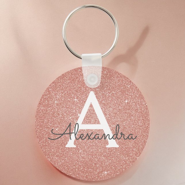 Rosa roséguld glitter & glansmonogram nyckelring (Skapare uppladdad)