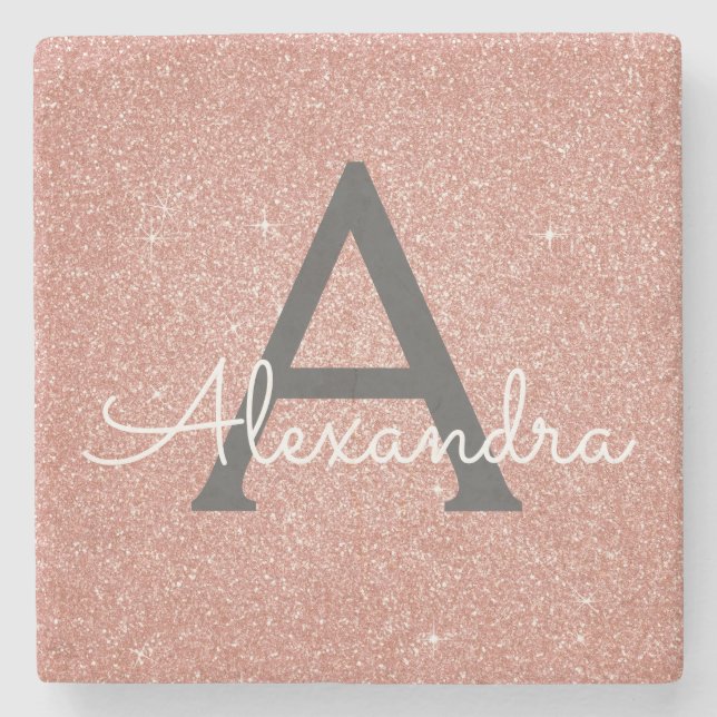 Rosa roséguld glitter & gnista monogram stenunderlägg (Framsidan)