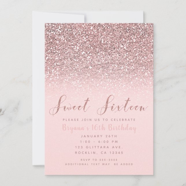 Rosa Roséguld Glitter Gnistra Söt 16 Födelsedagsfe Inbjudningar (Framsida)