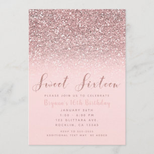 Rosa Roséguld Glitter Gnistra Söt 16 Födelsedagsfe Inbjudningar