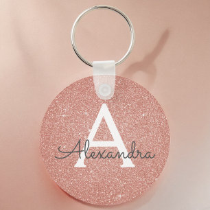 Rosa roséguld glitter & gnistrande monogram nyckelring