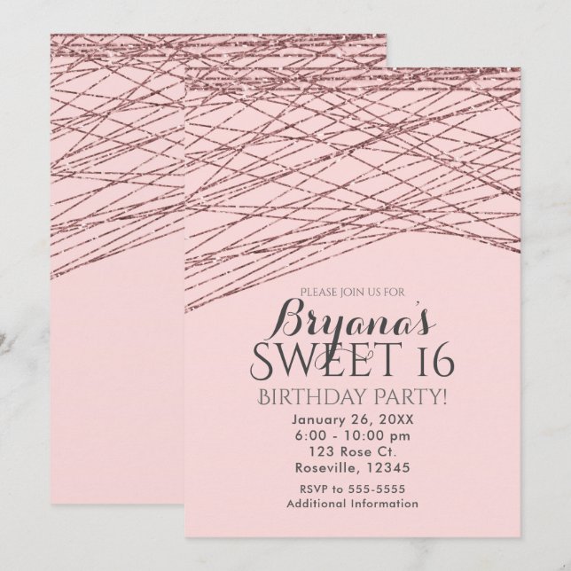 Rosa roséguld glitter Sweet 16 födelsedagsfest Inbjudningar (Fram/baksida)
