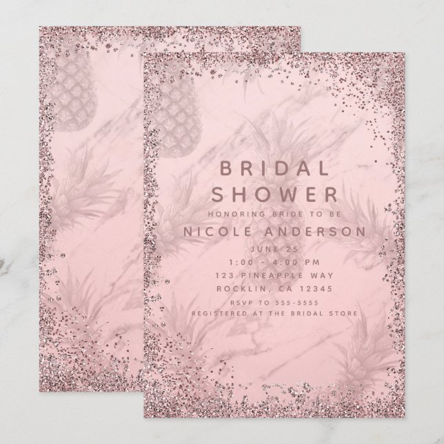 Rosa roséguld glitterananas bröllopsfest inbjudningar (Fram/baksida)