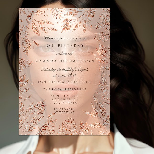 Rosa roséguld glitterblad Blommig ram Kristall Inbjudningar (Pink Rose Gold Glitter Leafs Floral Frame Crystal Invitation)