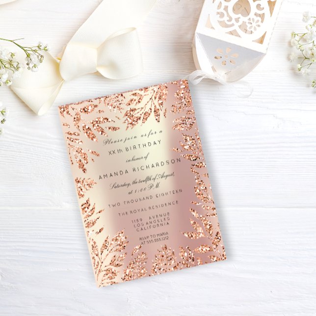 Rosa roséguld glitterblad Blommig ram Pärl- Inbjudningar (Pink Rose Gold Glitter Leafs Floral Frame Pearly Invitation)