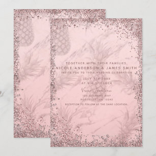 Rosa Roséguld Glittrande Ananas Tropisk Bröllop Inbjudningar