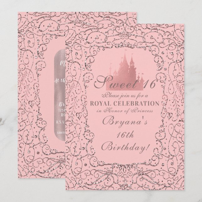 Rosa roséguld kungligt slott prinsessa Sweet 16 Inbjudningar (Fram/baksida)
