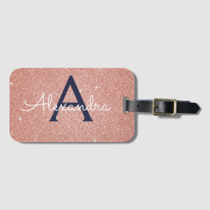 Rosa roséguld marinblå glänsande glittermonogram bagagebricka