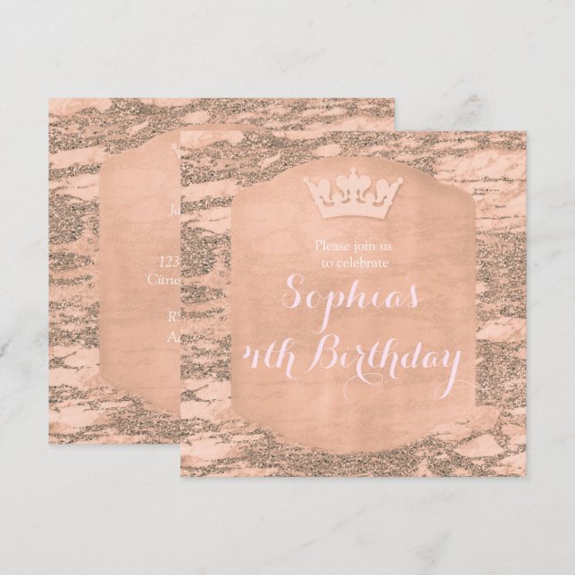Rosa roséguld prinsess krona fest inbjudan (Fram/baksida)