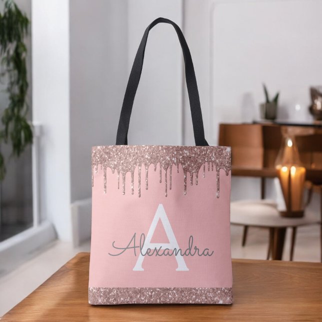 Rosa roséguld rodnad rosa glitter elegant monogram tygkasse (Skapare uppladdad)