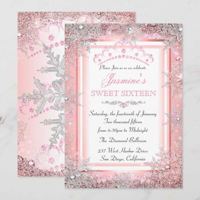 Rosa roséguld silver Vinterundret Sweet 16 Inbjudningar (Fram/baksida)