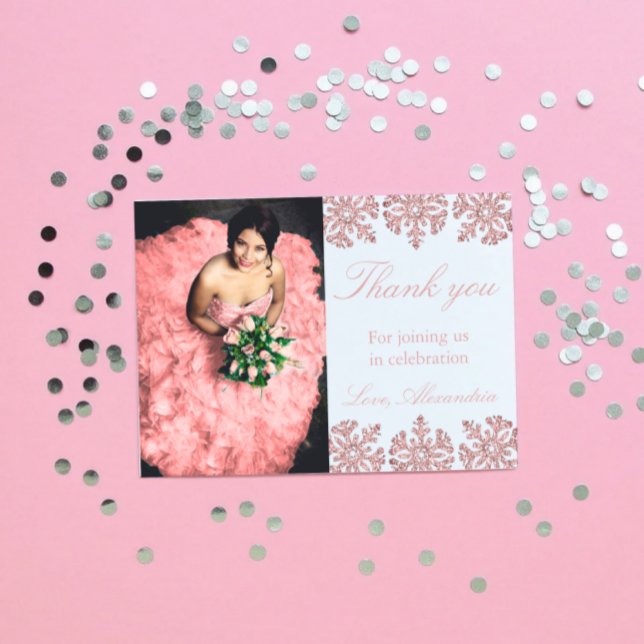 Rosa roséguld snöflinga vinter Sweet 16 Tack Kort (Skapare uppladdad)