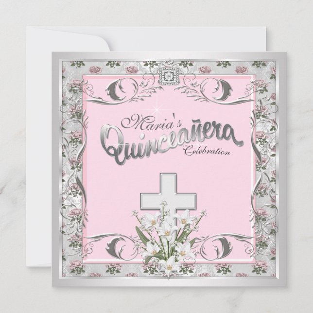 Rosa Rosekors Quinceanera Inbjudningar (Framsida)