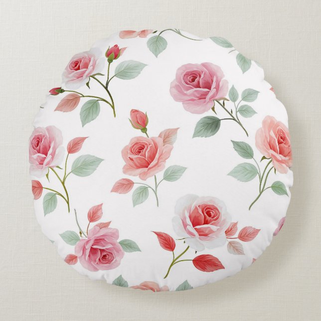Rosa rosemönster, mjuk färg, rund kudde (Framsidan)