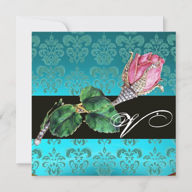 ROSA ROSENKNOPP DIAMANTJUVAL, BLÅ DAMAST MONOGRAM INBJUDNINGAR (Framsida)