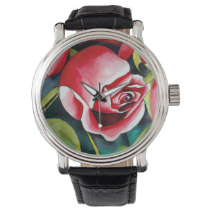 Rosa Rosenknopp, vattenfärgsmålning konsblomma Armbandsur