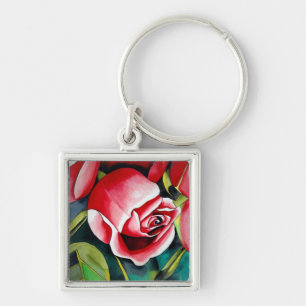 Rosa Rosenknopp, vattenfärgsmålning konsblomma Fyrkantig Silverfärgad Nyckelring