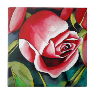 Rosa Rosenknopp, vattenfärgsmålning konsblomma Kakelplatta