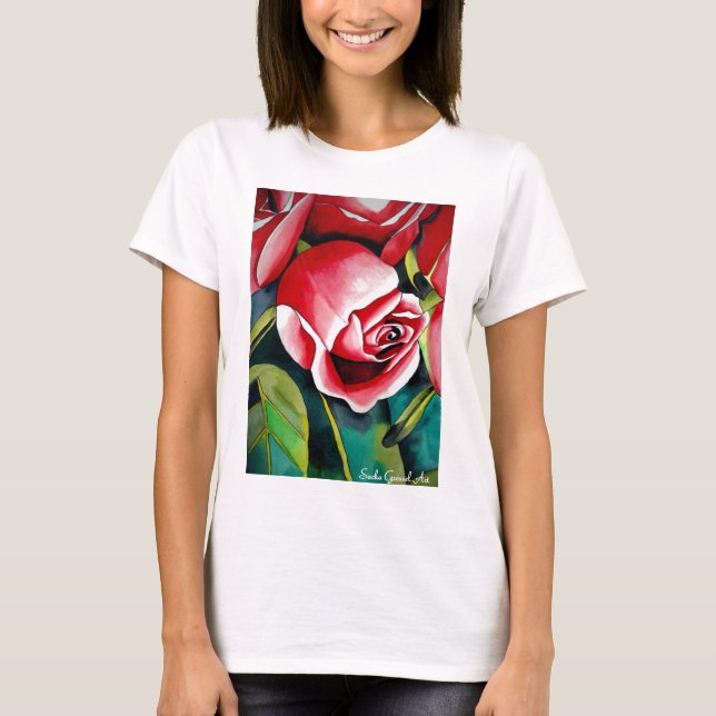 Rosa Rosenknopp, vattenfärgsmålning konsblomma Tee Shirt (Framsida)