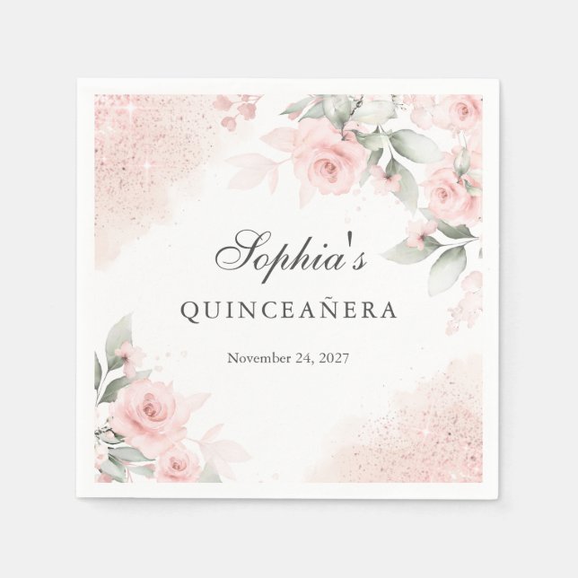 Rosa rosenskär Quinceanera  Pappersservett (Framsidan)
