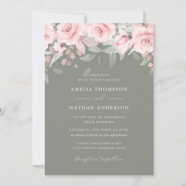Rosa Rosenskön Blommig Elegant Bröllop  Inbjudningar (Framsida)