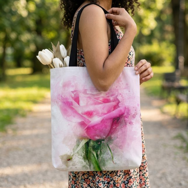 Rosa Rosenvattenfärgskonst på Vit Bakgrund Tygkasse (Pink Rose Watercolor Art on White Background. Tote Bag)
