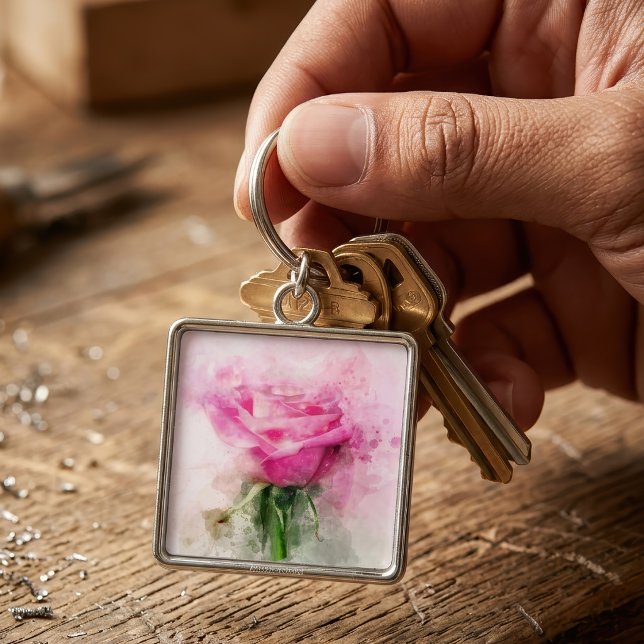 Rosa Rosenvattenkonst på vit bakgrund Fyrkantig Silverfärgad Nyckelring (Pink Rose Watercolor Art on White Background. Keychain)