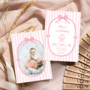 Rosa rosett 1-års födelsedagsflicka fotoinbjudan inbjudningar