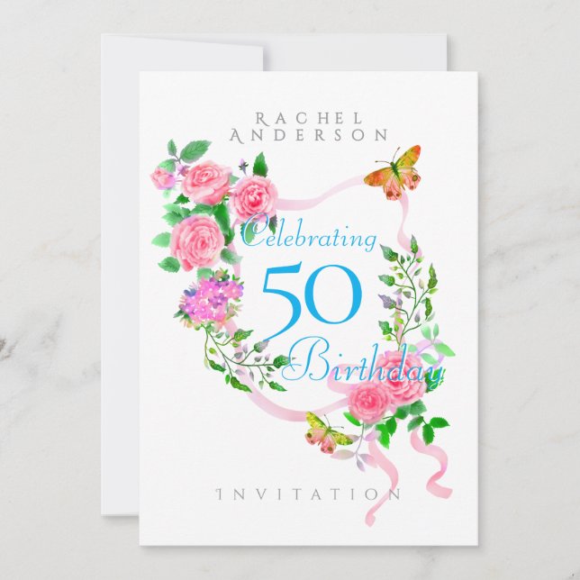 Rosa rosett 50-års födelsedagsinbjudan julkort (Framsida)