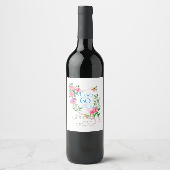 Rosa rosett 60-årsdag vinflaska etikett (Framsida)
