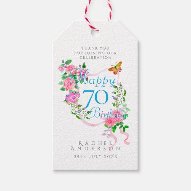 Rosa rosett 70-årsdag presentetikett (Framsidan)
