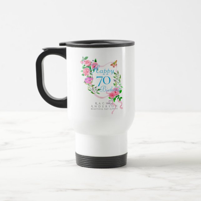 Rosa rosett 70-årsdag resemugg (Vänster)